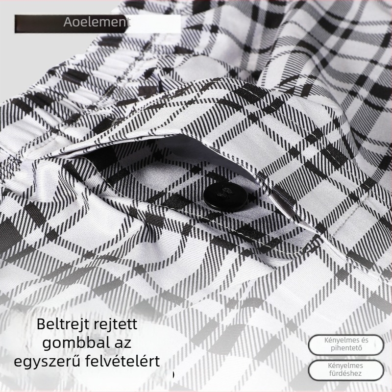 Férfi jégselyem laza szabású boxer brief, középmagasságú deréktáj, kockás mintázat, kötött poliészter anyag