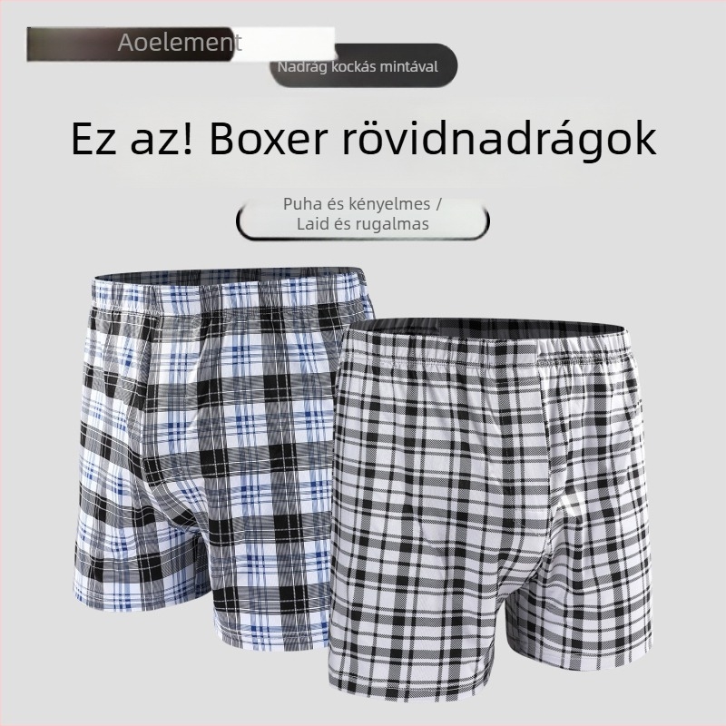 Férfi jégselyem laza szabású boxer brief, középmagasságú deréktáj, kockás mintázat, kötött poliészter anyag