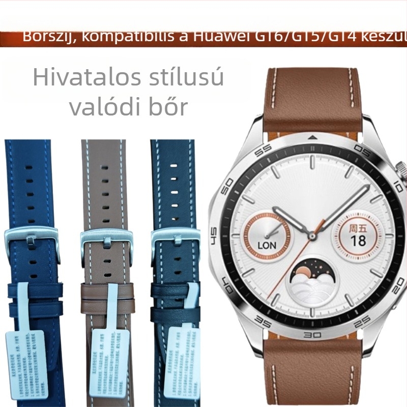 Valódi bőr karpánt a Huawei Watch GT4/GT5/GT6-hoz; 22 mm széles, felső réteg borjúbőrből; minimalist dizájn; tűcsatos csat