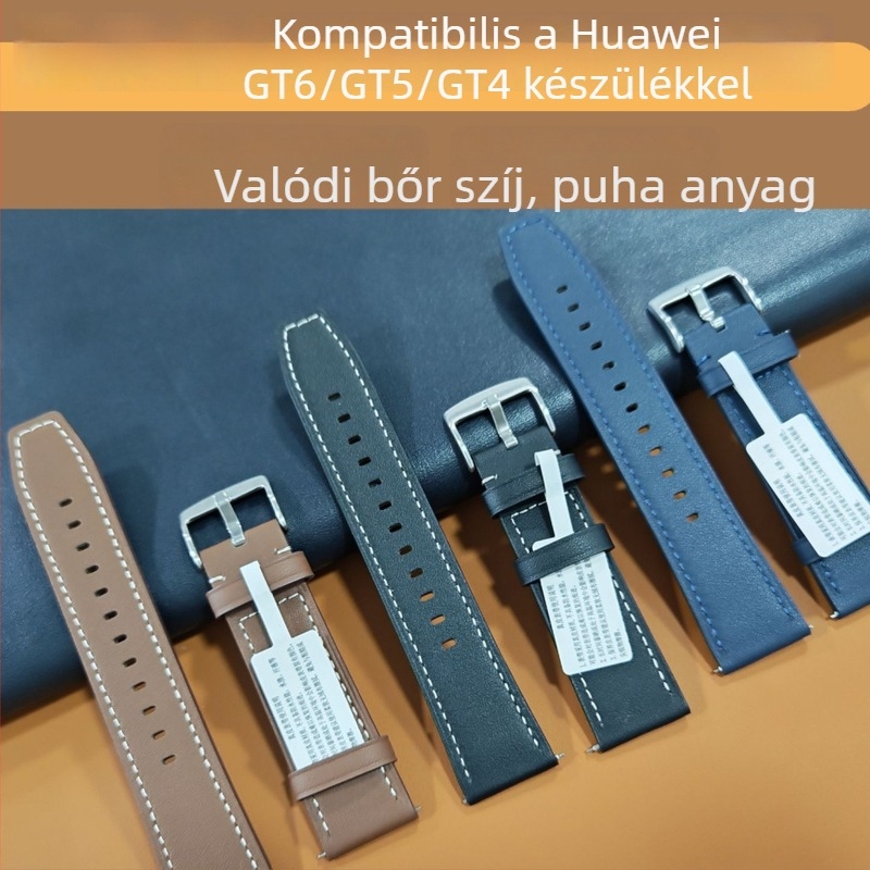 Valódi bőr karpánt a Huawei Watch GT4/GT5/GT6-hoz; 22 mm széles, felső réteg borjúbőrből; minimalist dizájn; tűcsatos csat