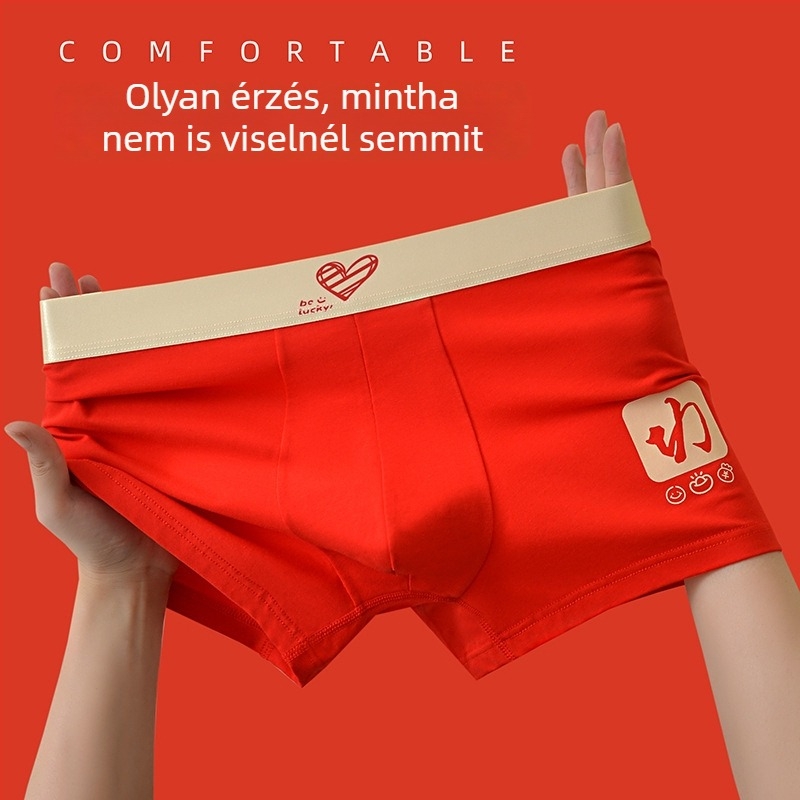 Férfi 100% pamut antibakteriális alsónemű, piros, középszintű derék, légáteresztő boxer rövidnadrág, egyszínű