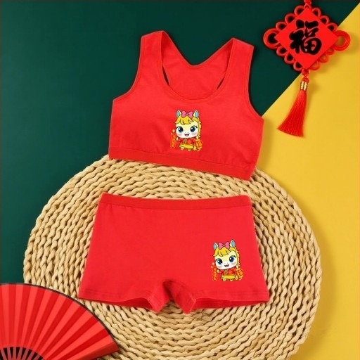 Piros pamutból készült lányoknak szóló alsónemű-szett mellényes melltartóval