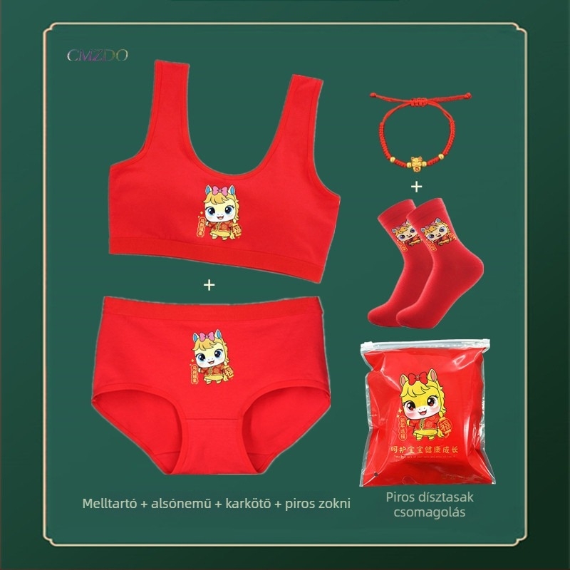 Piros pamutból készült lányoknak szóló alsónemű-szett mellényes melltartóval