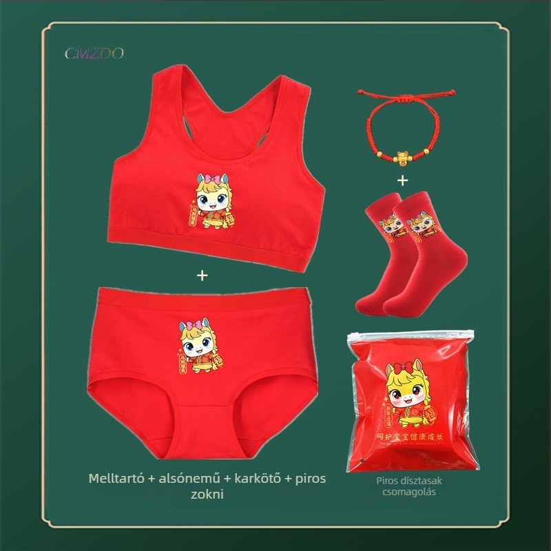Piros pamutból készült lányoknak szóló alsónemű-szett mellényes melltartóval