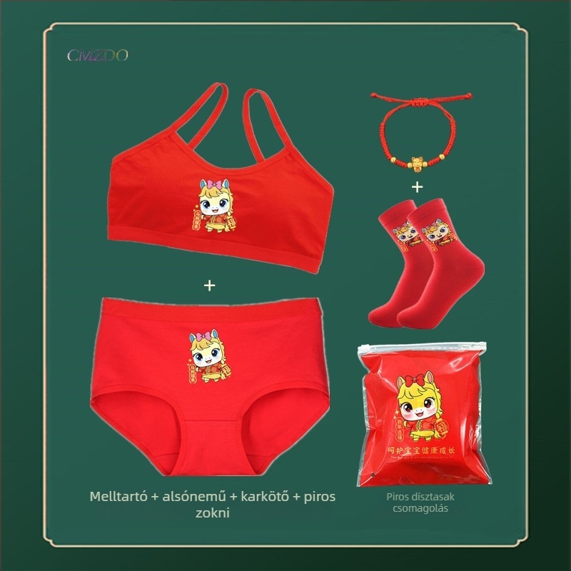 Piros pamutból készült lányoknak szóló alsónemű-szett mellényes melltartóval