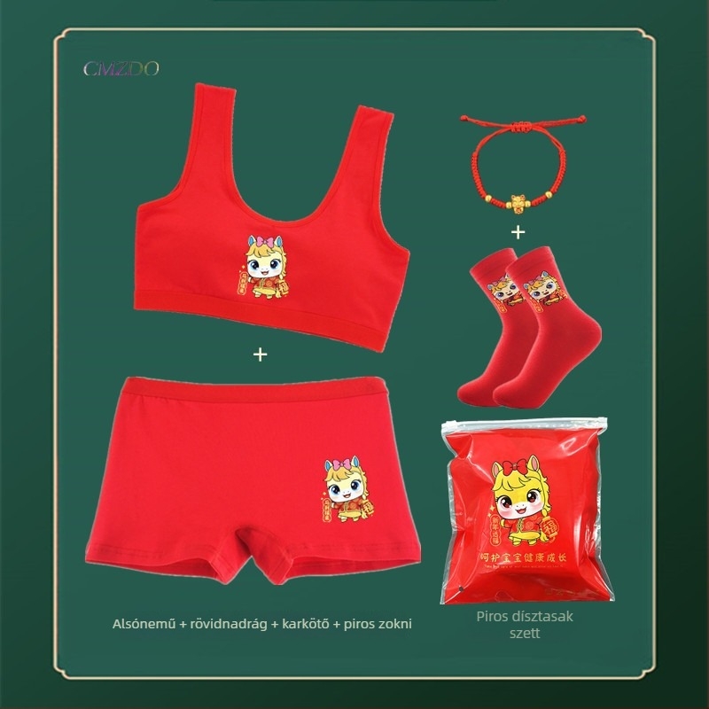 Piros pamutból készült lányoknak szóló alsónemű-szett mellényes melltartóval