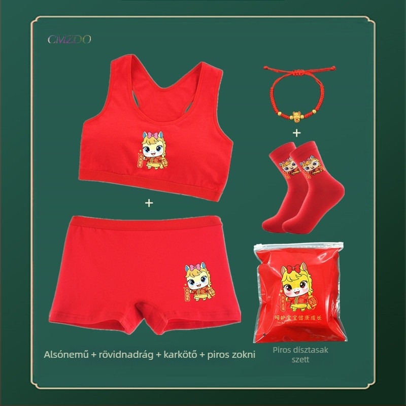 Piros pamutból készült lányoknak szóló alsónemű-szett mellényes melltartóval