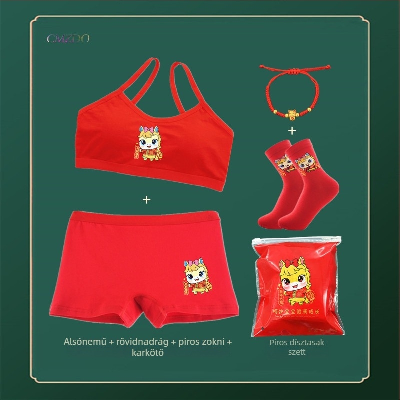Piros pamutból készült lányoknak szóló alsónemű-szett mellényes melltartóval