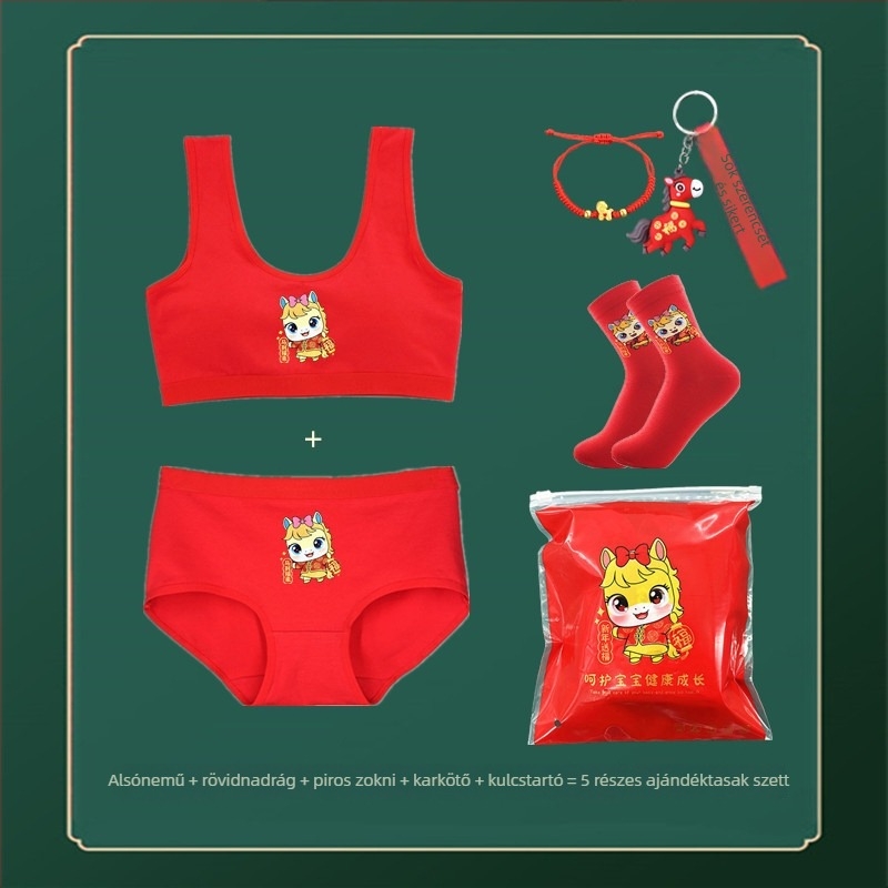 Piros pamutból készült lányoknak szóló alsónemű-szett mellényes melltartóval