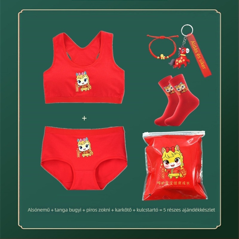 Piros pamutból készült lányoknak szóló alsónemű-szett mellényes melltartóval