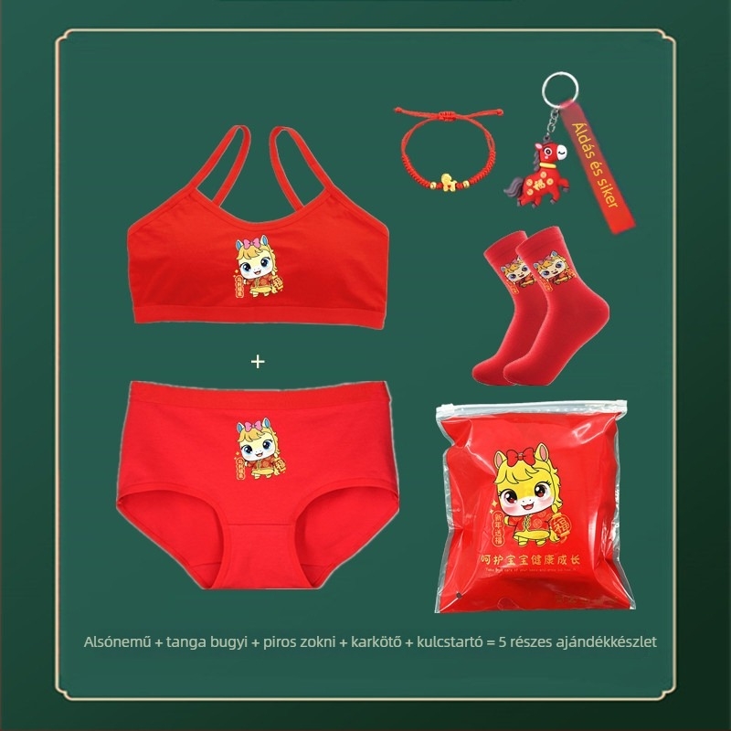 Piros pamutból készült lányoknak szóló alsónemű-szett mellényes melltartóval