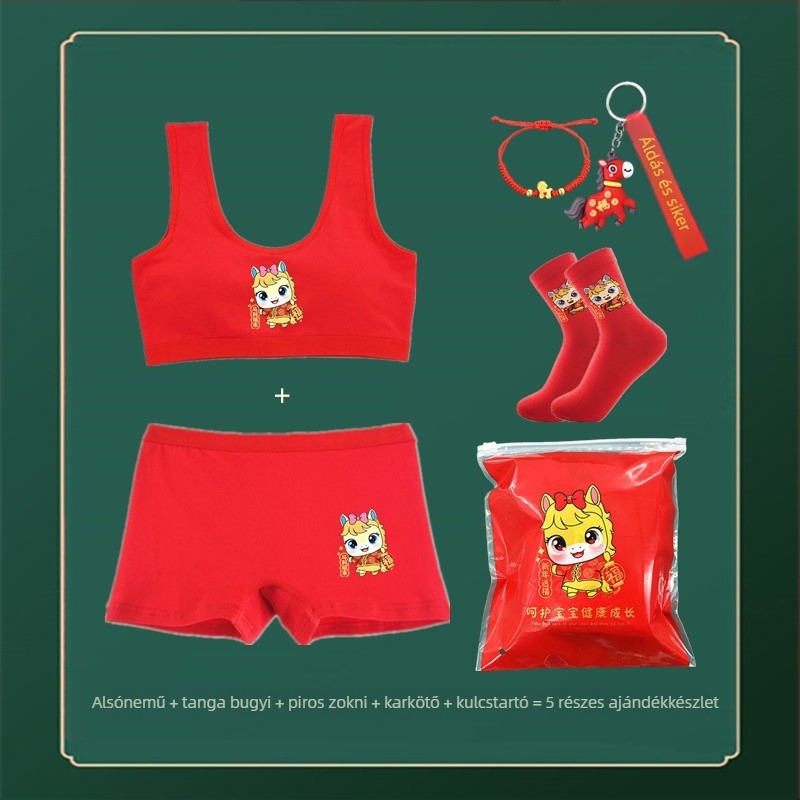 Piros pamutból készült lányoknak szóló alsónemű-szett mellényes melltartóval