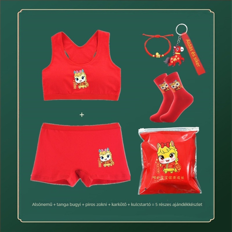 Piros pamutból készült lányoknak szóló alsónemű-szett mellényes melltartóval