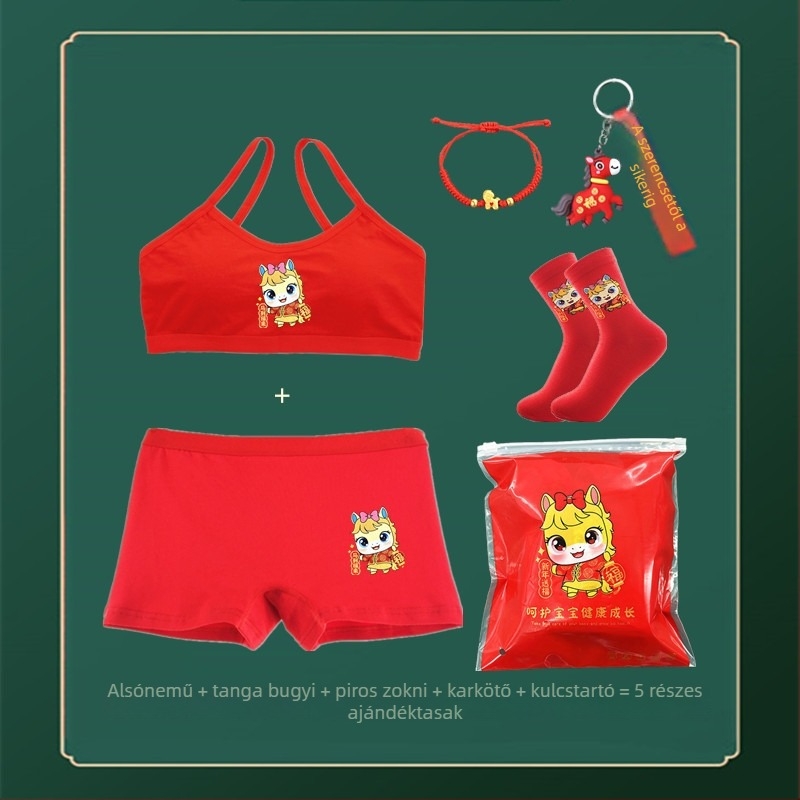 Piros pamutból készült lányoknak szóló alsónemű-szett mellényes melltartóval