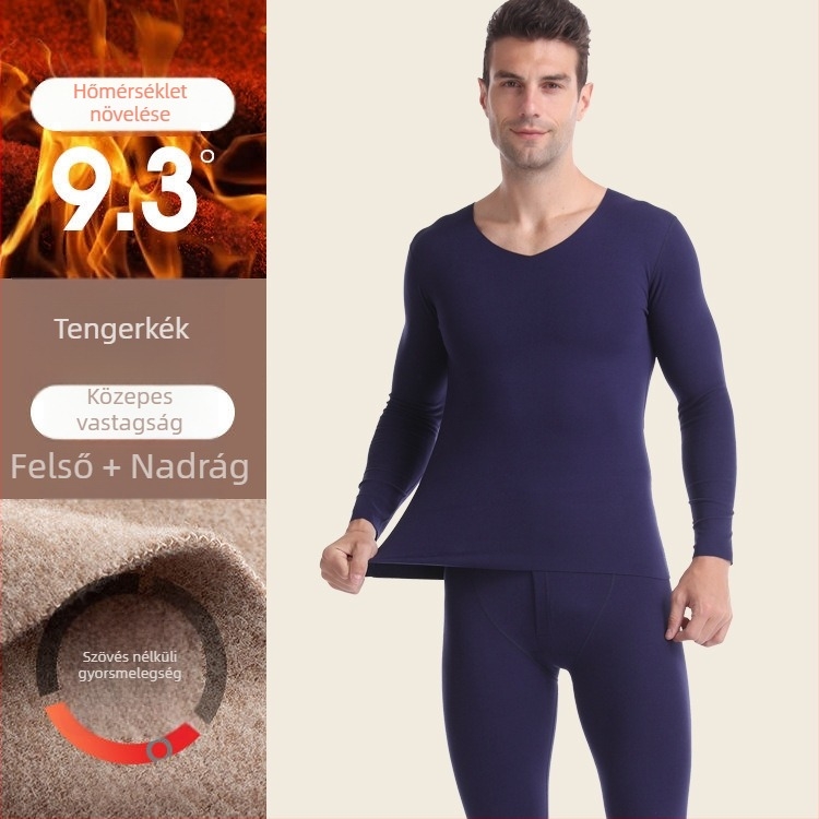 Őszi–téli termosz komplettes varrás nélküli, fleece bélelt, férfiak és nők számára, V-nyakú, hosszú ujjú felső és nadrág, poliészter keverék anyag, 201–250 g/m2.
