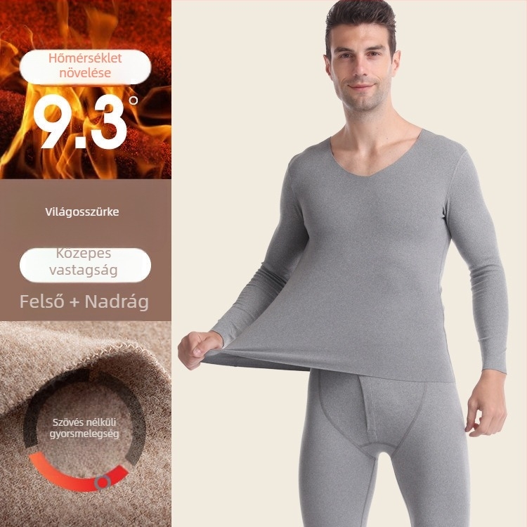Őszi–téli termosz komplettes varrás nélküli, fleece bélelt, férfiak és nők számára, V-nyakú, hosszú ujjú felső és nadrág, poliészter keverék anyag, 201–250 g/m2.