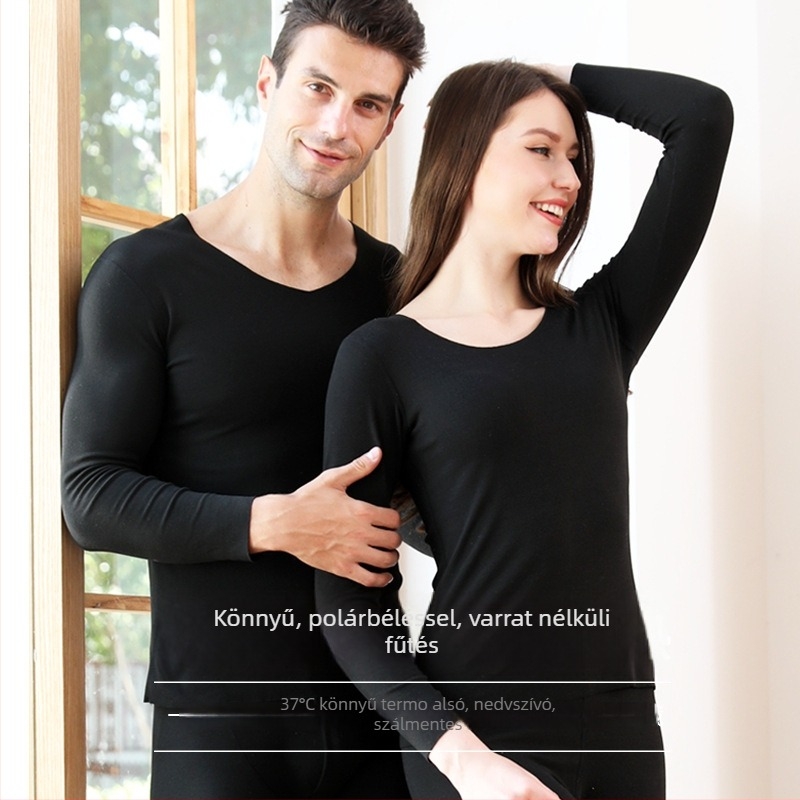 Őszi–téli termosz komplettes varrás nélküli, fleece bélelt, férfiak és nők számára, V-nyakú, hosszú ujjú felső és nadrág, poliészter keverék anyag, 201–250 g/m2.