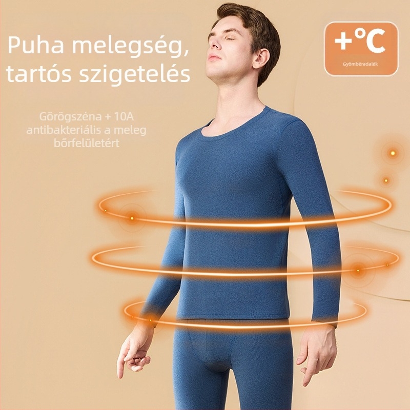 Férfi antibakteriális melegítő készlet gyömbér adalékkal, alapréteg felső 3/4-ös ujjú és 9/10-es nadrág, velúr vastag anyag, 201-250 g/m²