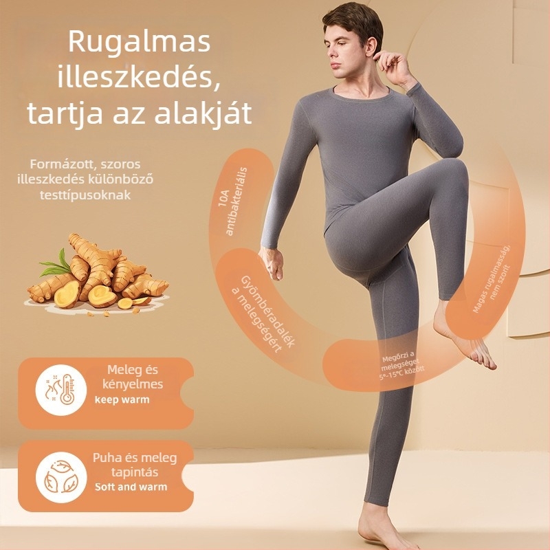 Férfi antibakteriális melegítő készlet gyömbér adalékkal, alapréteg felső 3/4-ös ujjú és 9/10-es nadrág, velúr vastag anyag, 201-250 g/m²