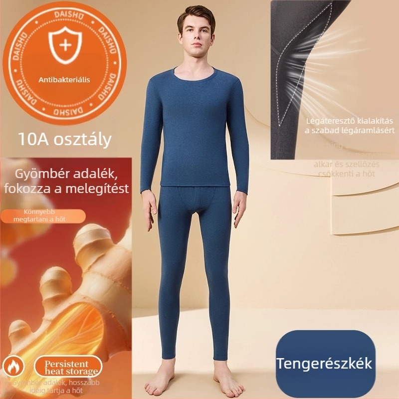 Férfi antibakteriális melegítő készlet gyömbér adalékkal, alapréteg felső 3/4-ös ujjú és 9/10-es nadrág, velúr vastag anyag, 201-250 g/m²