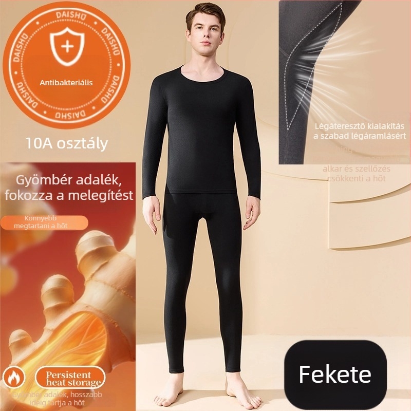 Férfi antibakteriális melegítő készlet gyömbér adalékkal, alapréteg felső 3/4-ös ujjú és 9/10-es nadrág, velúr vastag anyag, 201-250 g/m²