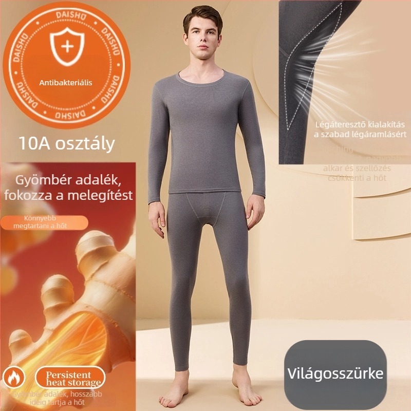 Férfi antibakteriális melegítő készlet gyömbér adalékkal, alapréteg felső 3/4-ös ujjú és 9/10-es nadrág, velúr vastag anyag, 201-250 g/m²