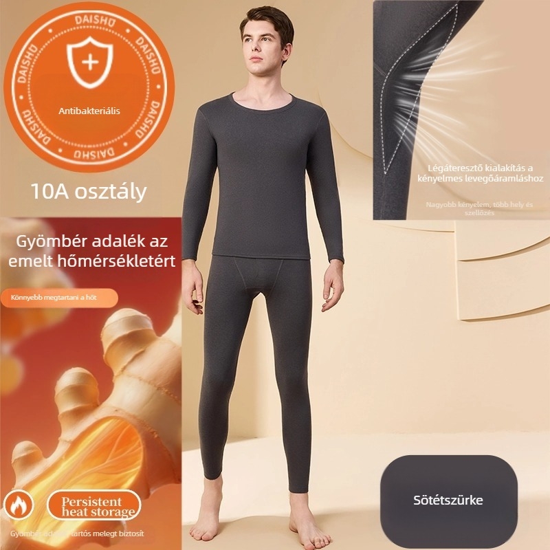 Férfi antibakteriális melegítő készlet gyömbér adalékkal, alapréteg felső 3/4-ös ujjú és 9/10-es nadrág, velúr vastag anyag, 201-250 g/m²