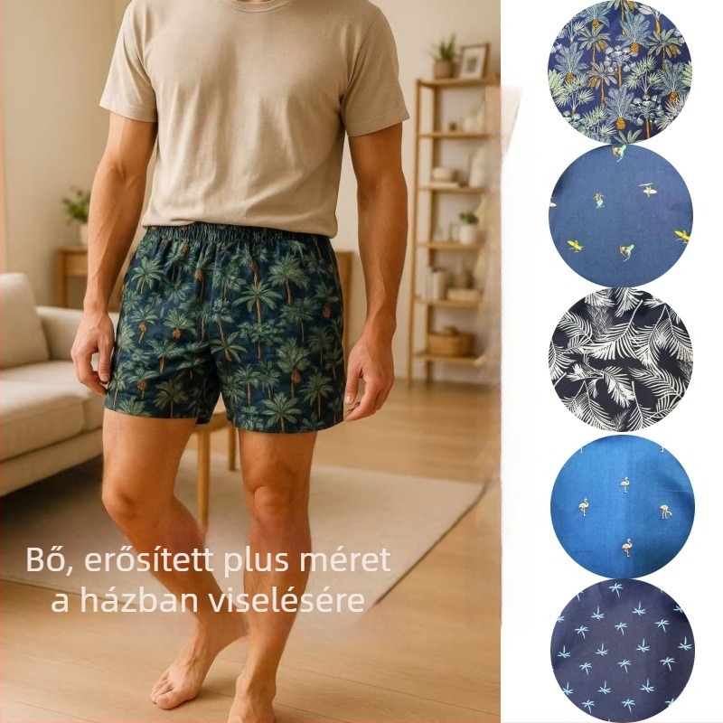 Férfi virágmintás pamut alsónemű és otthoni rövidnadrág, lélegző, középmagas derék, 100% pamut