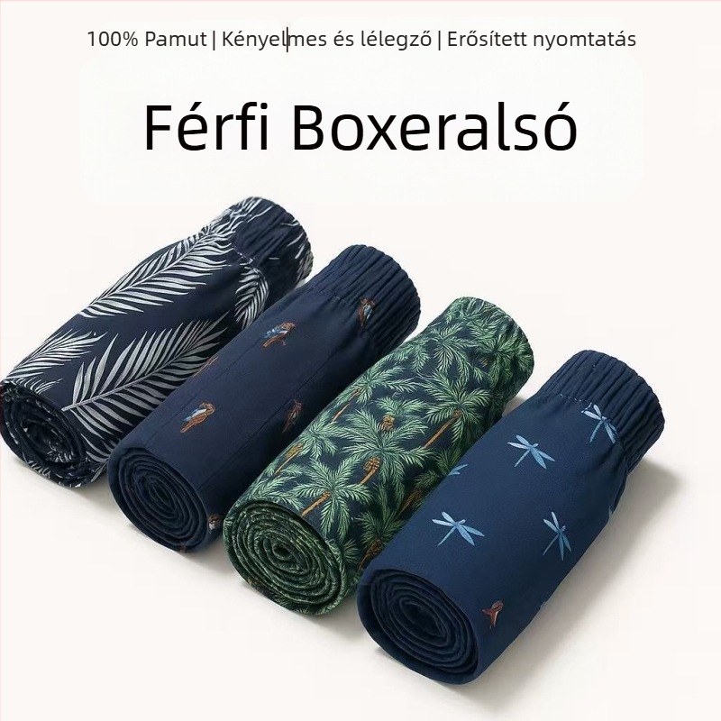 Férfi virágmintás pamut alsónemű és otthoni rövidnadrág, lélegző, középmagas derék, 100% pamut