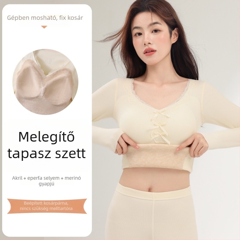 Női selyem-kasmír termoszett, fleece béléses, vastag, őszi–téli, mellbetétes felső, karcsúsított szabás