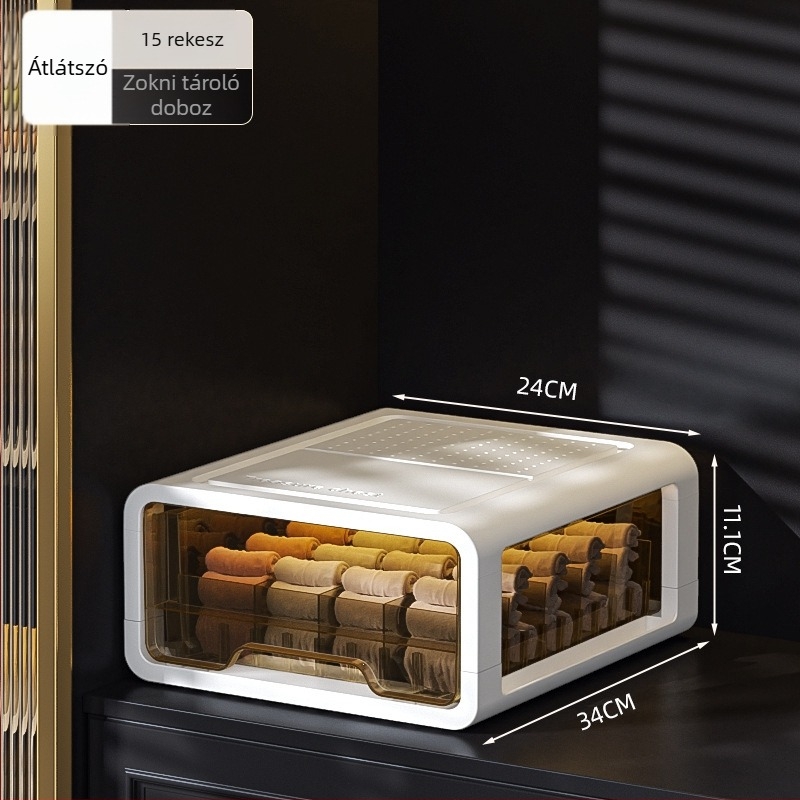 Átlátszó műanyag fiókos tárolódoboz ruhák és fehérneműk számára, márka met, testre szabható nyomtatott logóval, könnyű luxus stílus