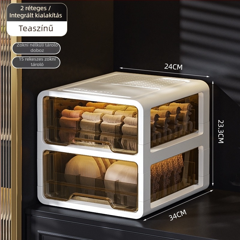 Átlátszó műanyag fiókos tárolódoboz ruhák és fehérneműk számára, márka met, testre szabható nyomtatott logóval, könnyű luxus stílus