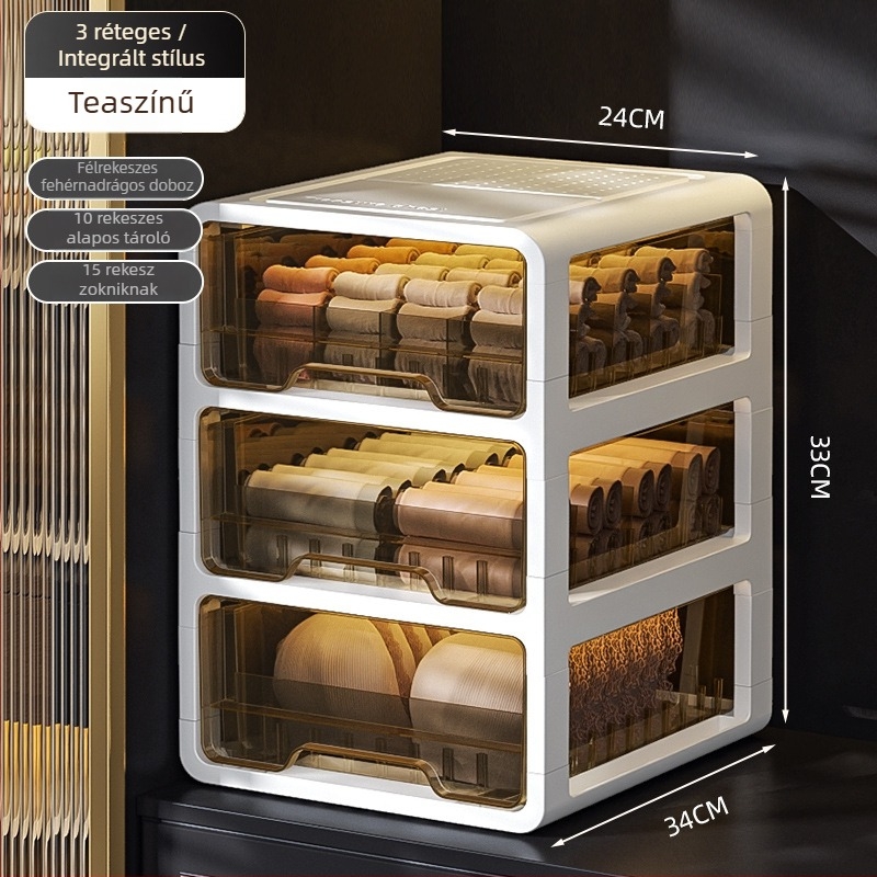 Átlátszó műanyag fiókos tárolódoboz ruhák és fehérneműk számára, márka met, testre szabható nyomtatott logóval, könnyű luxus stílus