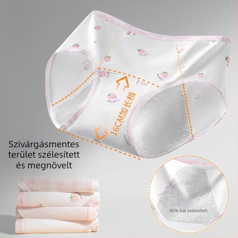 Lányok menzeszes fehérneműje, 95% pamut, ágyék rész 100% pamut, antibakteriális, középmagas derekú, mintás modell