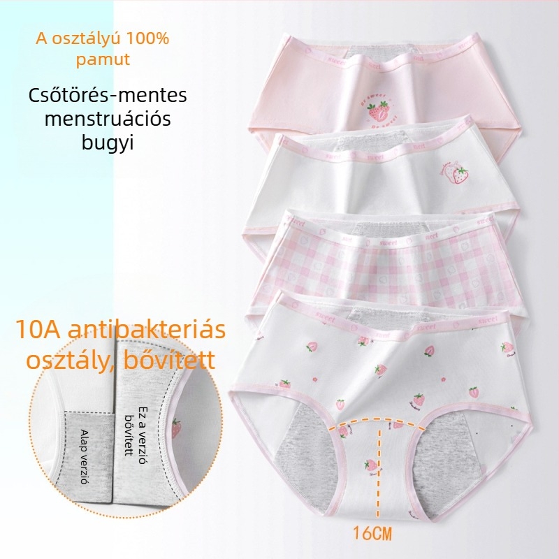 Lányok menzeszes fehérneműje, 95% pamut, ágyék rész 100% pamut, antibakteriális, középmagas derekú, mintás modell