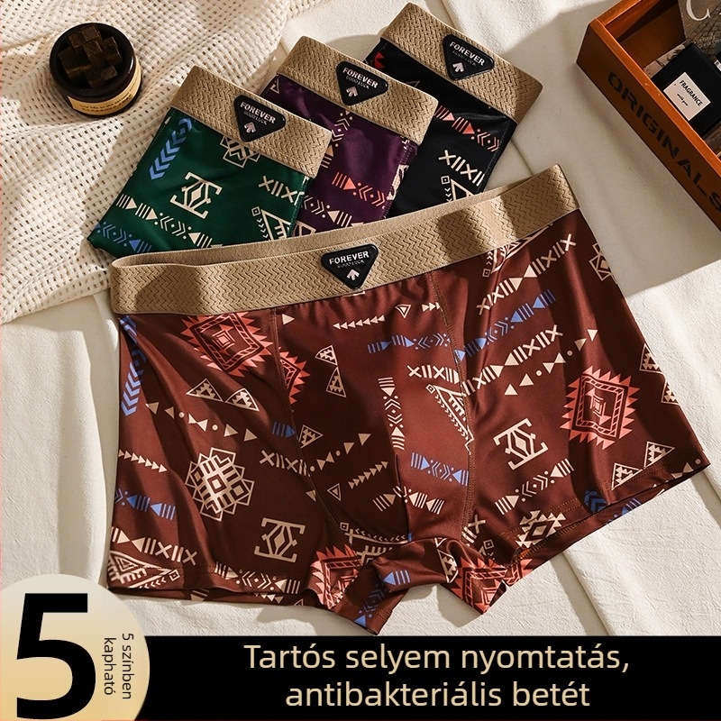 Ice Silk férfi boxer brief amerikai retro mintával, középmagas derekú, nagy méret, lélegző