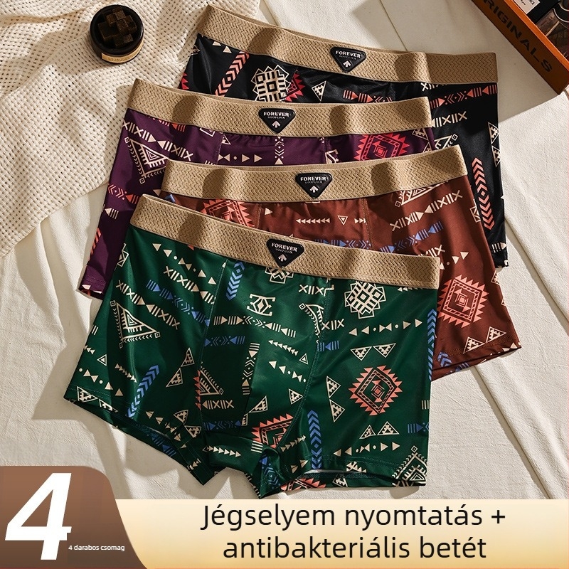Ice Silk férfi boxer brief amerikai retro mintával, középmagas derekú, nagy méret, lélegző