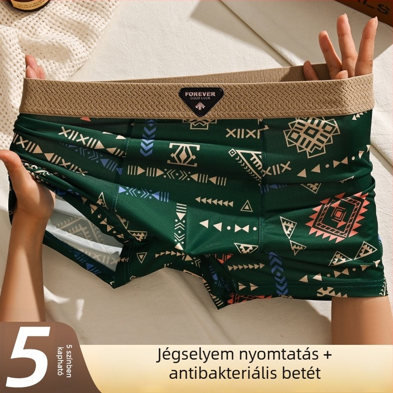 Ice Silk férfi boxer brief amerikai retro mintával, középmagas derekú, nagy méret, lélegző