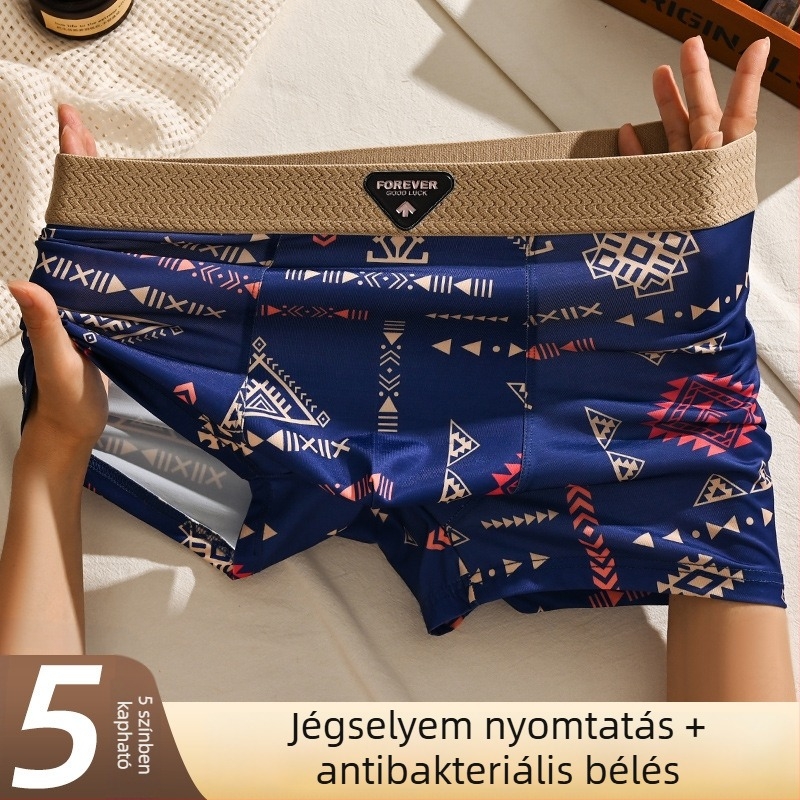 Ice Silk férfi boxer brief amerikai retro mintával, középmagas derekú, nagy méret, lélegző