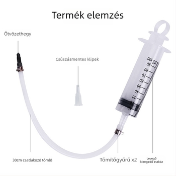 Motorkerékpár tárcsafék karbantartó készlet olajcsővel, töltőtűs hengerrel, légtelenítő eszközzel és fel- és le-forduló pumpával