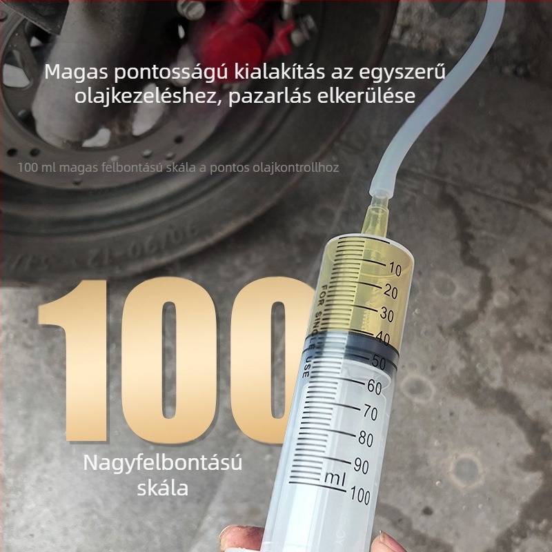 Motorkerékpár tárcsafék karbantartó készlet olajcsővel, töltőtűs hengerrel, légtelenítő eszközzel és fel- és le-forduló pumpával