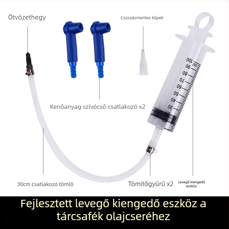 Motorkerékpár tárcsafék karbantartó készlet olajcsővel, töltőtűs hengerrel, légtelenítő eszközzel és fel- és le-forduló pumpával