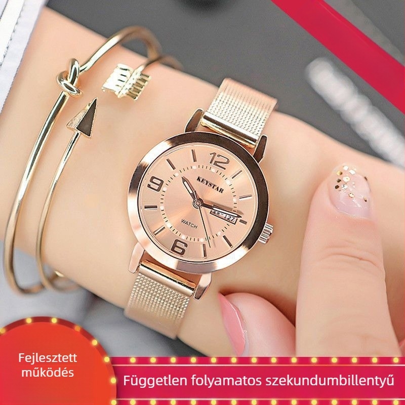 Női mechanikus karóra Seagull meghajtással, dupla dátum, világító számlap, vízálló, rozsdamentes acél tokkal és szíjjal