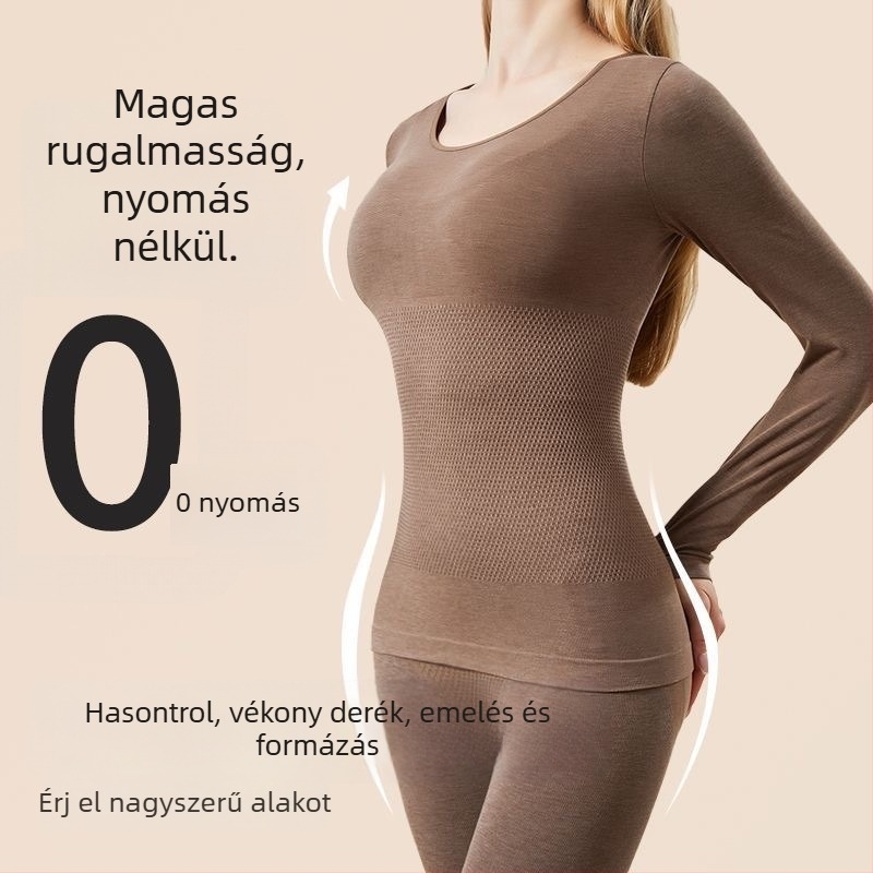 Női gyapjú termoszett őszi-téli időszakra, varrásmentes, alakformáló hatás, kerek nyakú hosszú ujjú felső és nadrág, meleg