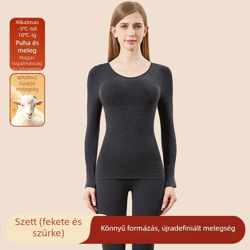 Női gyapjú termoszett őszi-téli időszakra, varrásmentes, alakformáló hatás, kerek nyakú hosszú ujjú felső és nadrág, meleg
