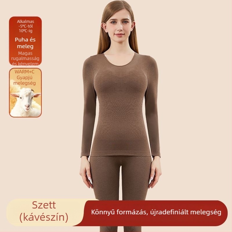 Női gyapjú termoszett őszi-téli időszakra, varrásmentes, alakformáló hatás, kerek nyakú hosszú ujjú felső és nadrág, meleg