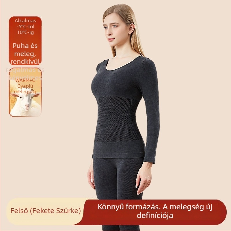 Női gyapjú termoszett őszi-téli időszakra, varrásmentes, alakformáló hatás, kerek nyakú hosszú ujjú felső és nadrág, meleg