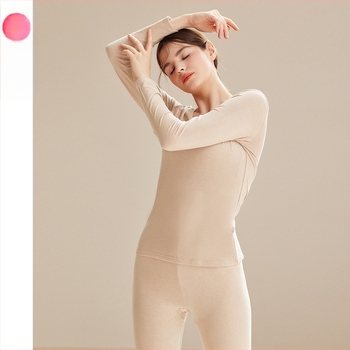Női termikus alsóruha készlet: 95% pamut 5% spandex, egyszínű, felső kerek nyakú hosszú ujjú + hosszú nadrág, egy réteg, közepes súly 181-200 g/m2, meleg