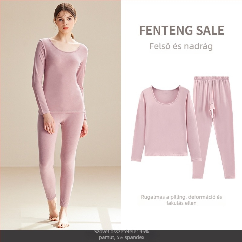 Női termikus alsóruha készlet: 95% pamut 5% spandex, egyszínű, felső kerek nyakú hosszú ujjú + hosszú nadrág, egy réteg, közepes súly 181-200 g/m2, meleg