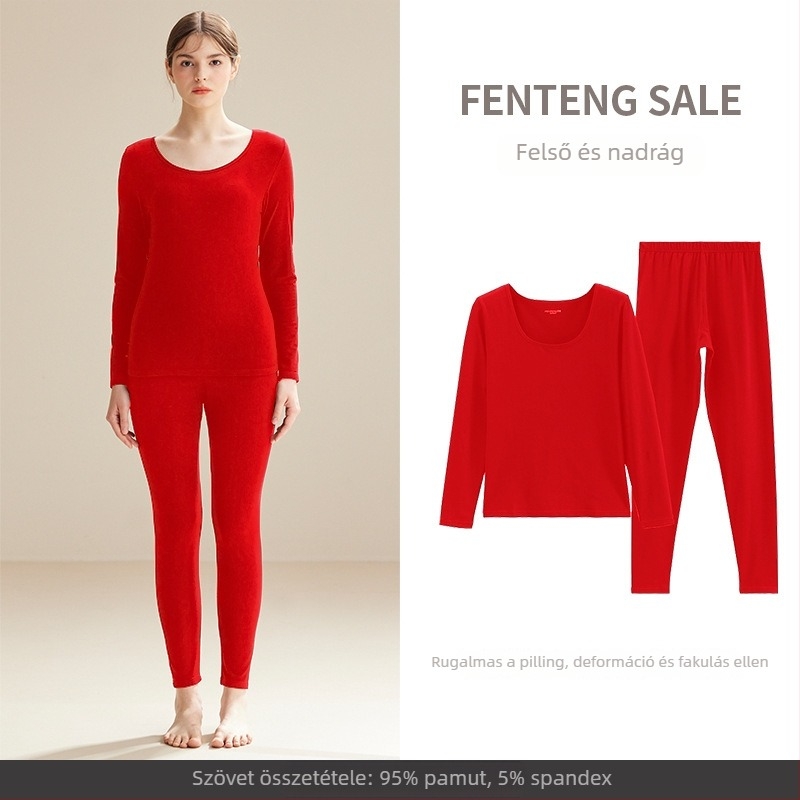 Női termikus alsóruha készlet: 95% pamut 5% spandex, egyszínű, felső kerek nyakú hosszú ujjú + hosszú nadrág, egy réteg, közepes súly 181-200 g/m2, meleg